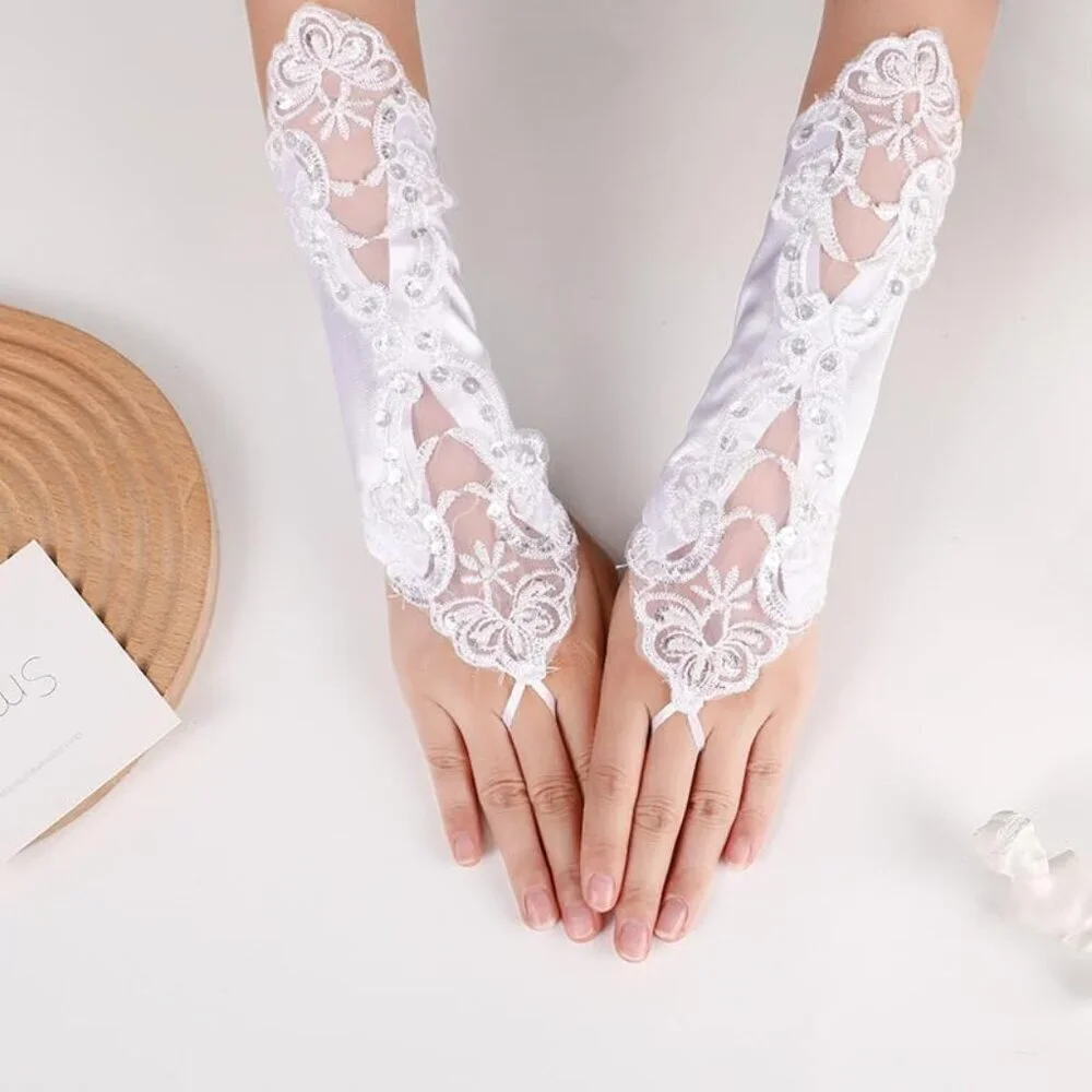 Women's A-White Sequins Beads Fingerless Satin Gloves Party Prom Accessories